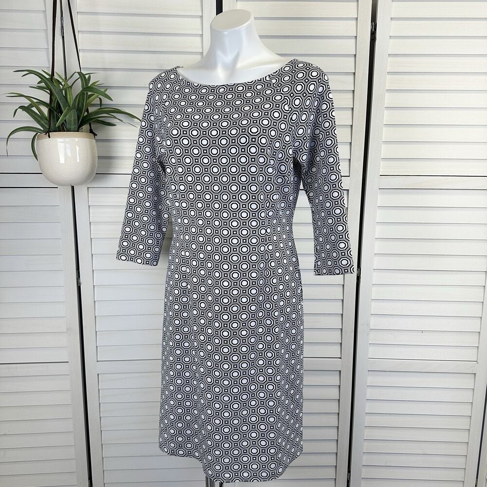 J. McLaughlin Catalina Cloth Shift Dress Black White‎ Geometric Boatneck Size M